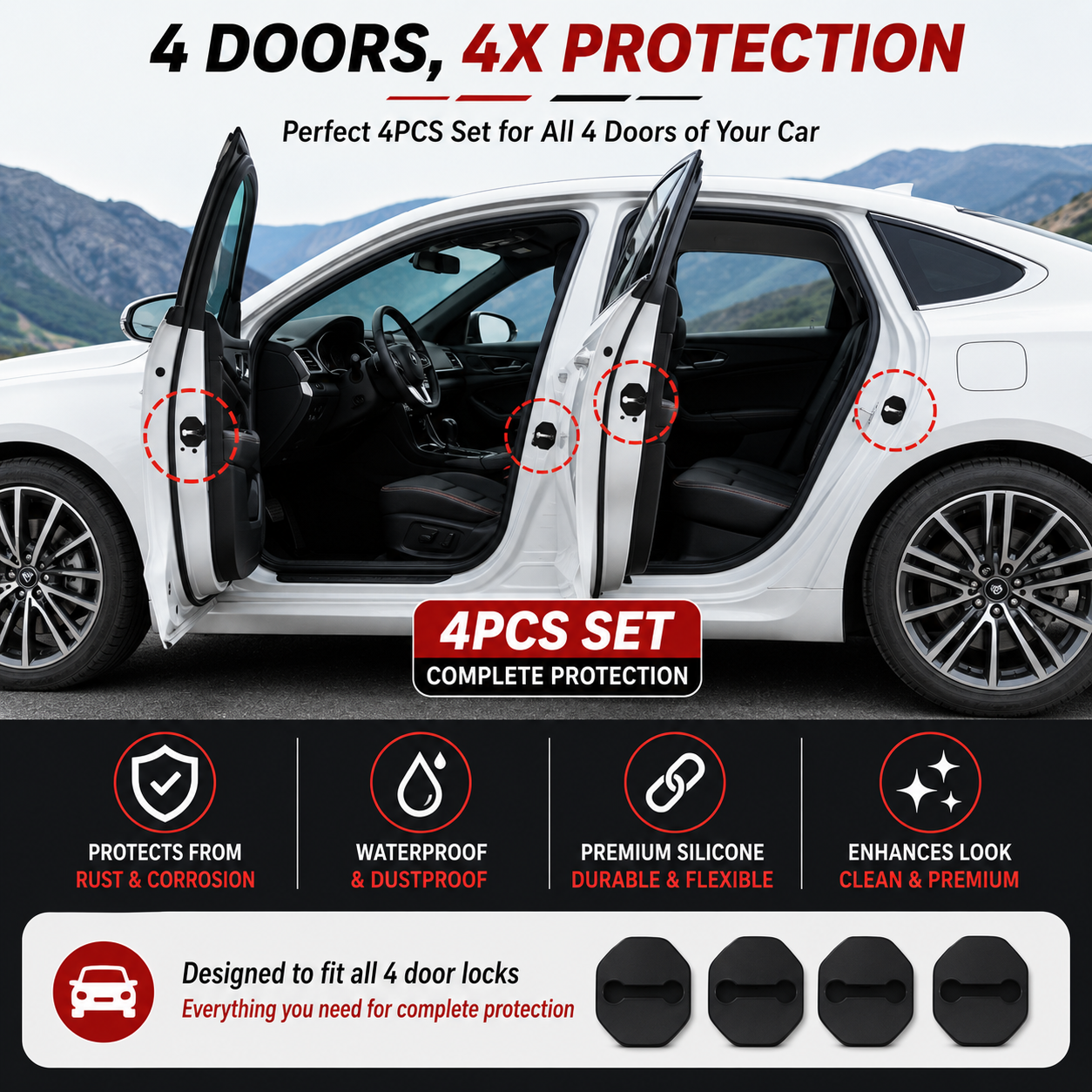 4PCS Universal Silicone Car Door Lock Protector Covers